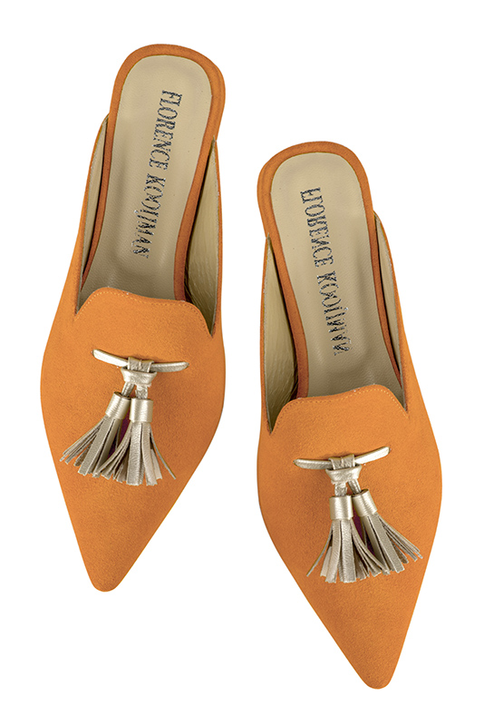 Apricot orange and gold women's loafer mules. Pointed toe. Flat flare heels. Top view - Florence KOOIJMAN